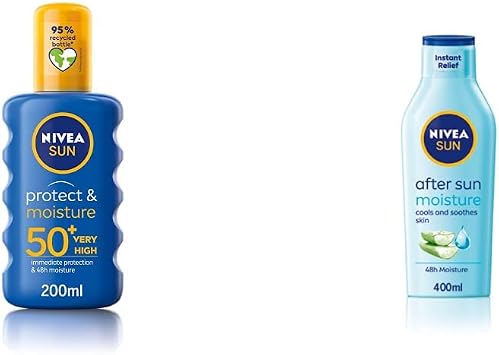 NIVEA SUN Protect & Moisture Sun Spray SPF50 200ml, Moisturising Suncream Spray with SPF50, Advanced Sunscreen Protection & SUN After Sun Moisturising Soothing Lotion 400 ml