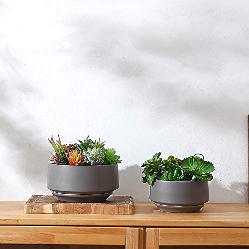 Yishang Ceramic Planter Pot With Drainage Hole And Saucer/Tray, Indoor Cylinder Round Planter Pot,Set Of 2 Glazed Ceramic Modern Planters Indoor Bonsai Container For House Plants(Matte Grey, Medium) #TOP2