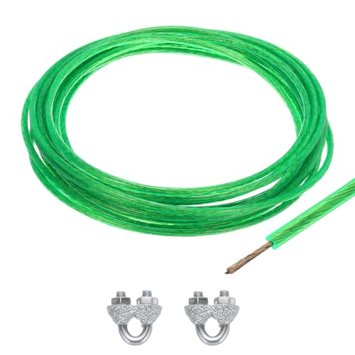 MECCANIXITY 4mm (5/32 inch) Green Vinyl Coated Wire Rope, 6m /20ft Galvanized Steel Cable Wire Rope with 2PCS M5 Loop Sleeves for String Light Hanging, Deck Railing, Garden Wire