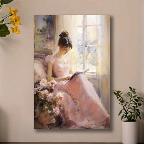 Art mural vintage et portraits rétro d'une fille rose lisant sur toile sans cadre