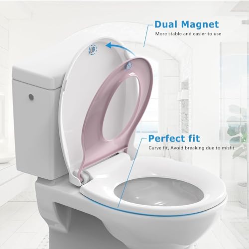 Round Toilet Seat with Built in Potty Training Seat, Potty Training Toilet Seat for Toddlers, Magnetic Kids Seat and Cover, Slow Close and Never Loosen, Fits both Adult and Child, Pink Round