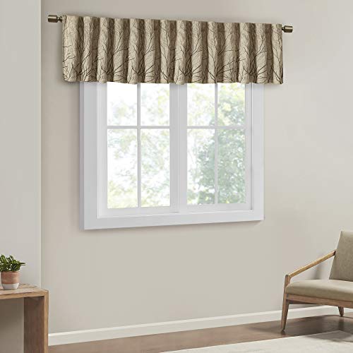 Madison Park Andora Embroidered Rod Pocket Valance, Tree Small Faux Silk Valances For Window, 50" X 18", Tan #TOP1