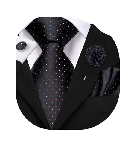 Image of Dubulle Mens Black Red Tie and Lapel Pin Woven Silk Red Dots Casual Necktie for Men Pocket Square Cufflinks Wedding Party