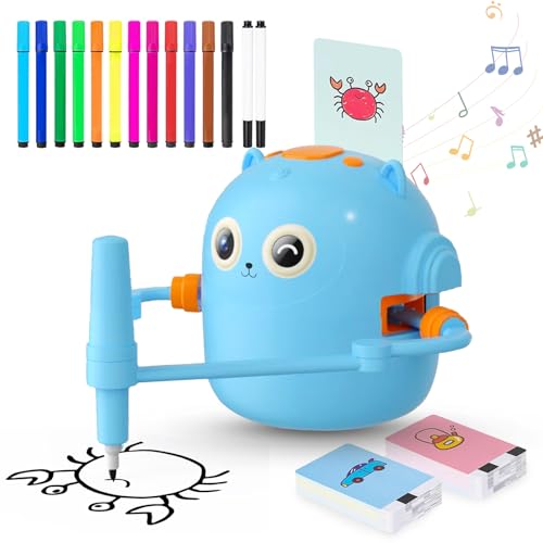 DANLIKT Robot de Dibujo Educativo Interactivo para Niños y Niñas con 100 Tarjetas y 12 Lápices de Acuarela (Azul)