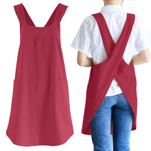Japanese Linen Cross Back Kitchen Cooking Aprons for Men with Pockets for Baking Painting Gardening Cleaning Dark Red