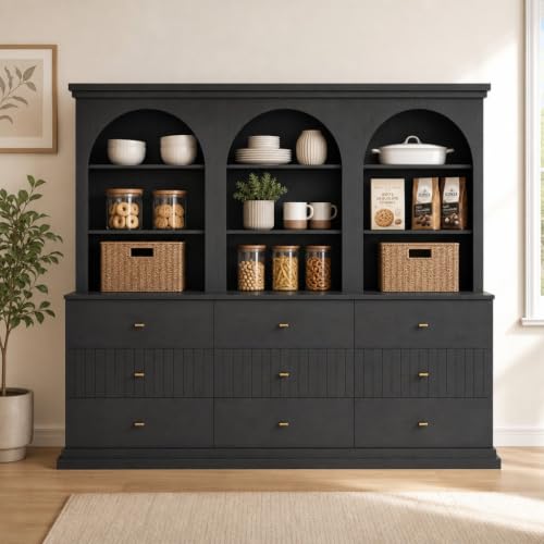 Image of ivaniti 71 inch Arched Kitchen Pantry Cabinet Set of 3 with 9 Drawers, Black Freestanding Storage Hutch with Open Shelves and Gold Handles for Kitchen, Dining Room
