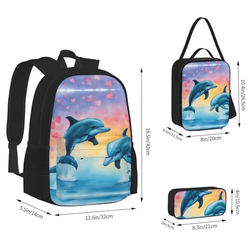 Dolphins In Love 3-Piece Set Backpack, Lunch Bag, And Pencil Case, Casual Cute Sets For Travel And College4