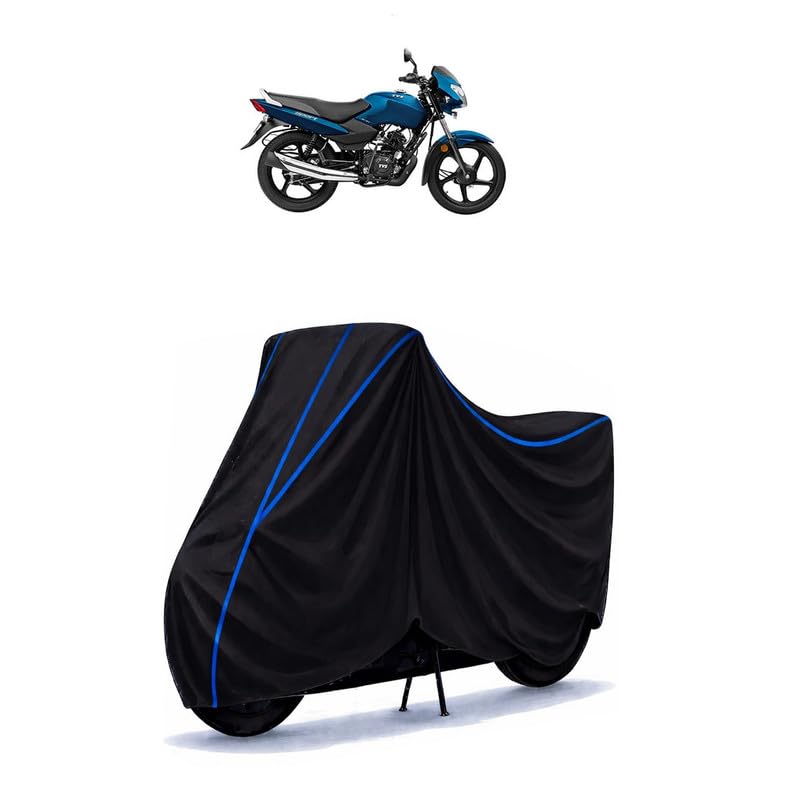Image of TVS Sport Bike Cover Water Resistant Universal Motorcycle Rain | Heavy Duty UV Protection, Dust, Scratch Indoor Outdoor All Weather with Black Blue Piping Elastic