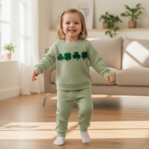 Image of Toddler Baby Boy St Patricks Day Outfit Infant Lucky Clover Sweatshirt Pants Set Little Kids Spring Warm Clothes