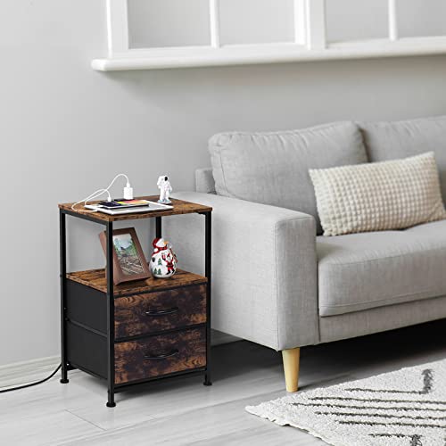 Vrisa Nightstand With Charging Station Narrow End Table With Fabric Drawer Small Side Table Living Room With Usb Ports And Outlets For Small Spaces Bedroom Living Room Rustic Brown #TOP7