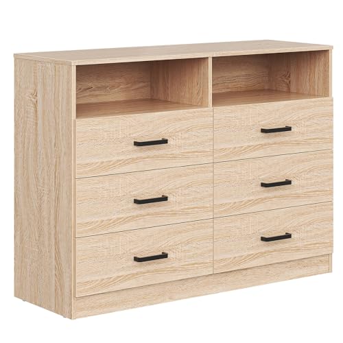 Image of Bigbiglife Wood Dresser for Bedroom, 6 Drawer Double Dresser, Modern Chest of Drawers with Deep Drawers, Large Storage Organizer for Living Room, Closet (Light Oak Plus Cubby)