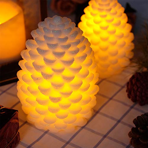 Image of Wondise Pine Cone Flickering Flameless Candles with Remote and Timer, Battery Operated LED Real Wax Flameless Candles, for Christmas Decoration, Set of 2(Ivory)