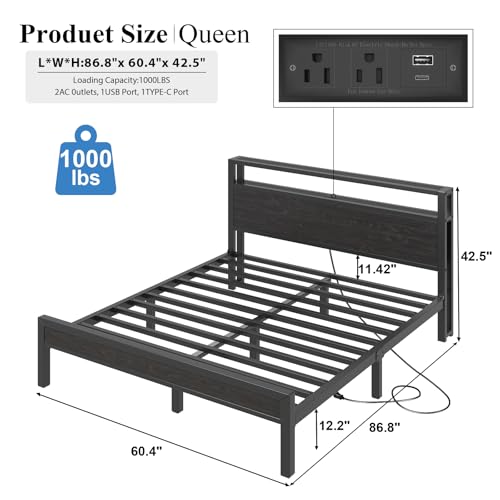 Image of LOEWAY Queen Size Bed Frame with Storage Headboard, Industrial Platform Bed with Charging Station and LED Lights, Heavy Duty Metal Slats, No Box Spring Need, Noise Free, Black