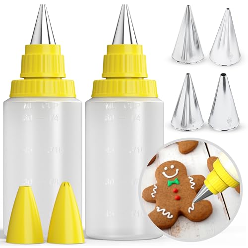 CukkiCakes (2) Spritzflasche 60ml + (4) Spritztüllen (Größe M) Set Mit 6 Stk.- Zuckerguss Tube, Schreibe Glasur Kekse - Zuckerguss Stift, Dekorierflasche Kekse Verzieren Zeichne Cupcakes Torten