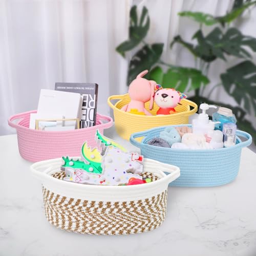 Image of ABenkle Small Basket with Handles, Boho Decorative Rope Woven Dog Cat Toy Storage Bin Shelf Storage Organizer, Easter Christmas Gift Basket, 12 inchx8 inchx5 inch