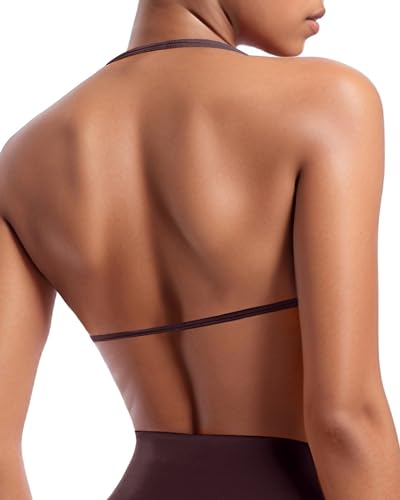 Image of OMKAGI Halter Sports Bras for Women Padded Strappy Bra Open Back Workout Gym Crop