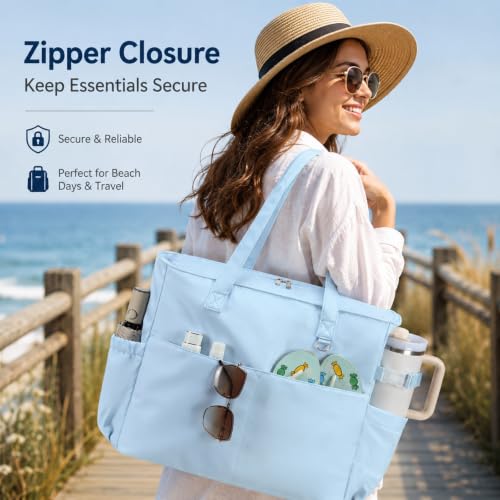 Image of LEDAOU Large Beach Bag Women Zipper Beach Tote Pool Bag for Gym Grocery Travel with Wet Pocket