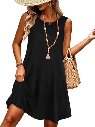 elescat Black Dresses for Women Summer Beach Sleeveless Tshirt Pockets Swing Casual Loose Sundress(Black, L)