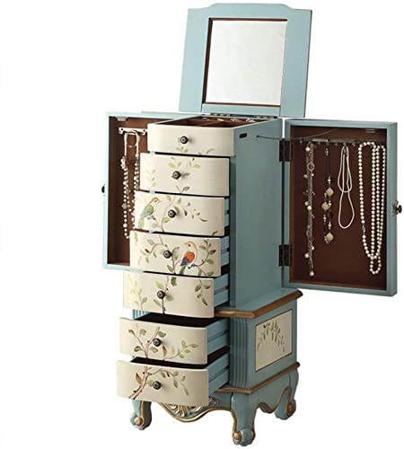 GaoGaoBei Armoire À Bijoux Commode en Bois À 7 Tiroirs Armoire À Bijoux Armoire avec Miroir Meubles De Style Rural Rétro,Blanc,Super