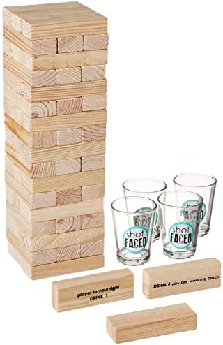 Game Night Tipsy Tower Drinking Game Adult Party Game Set with 54 Stacking Wooden Blocks & 4 Durable Lead-Free Shot Glasses Great Gift Idea for 21st Birthday,Brown,10 in x 9 in x 3 in