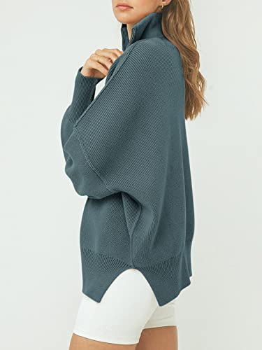 Image of ANRABESS Womens Oversized Quarter Zip Pullover Sweaters | Fall Fashion Outfits, Long Sleeve Slit Side, Baggy Loose Fit, 1 /4 Zip Lapel Collared, Ribbed Knit Soft Warm Winter Clothing