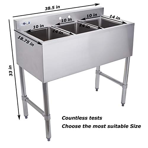 Profeeshaw 3 Compartment Sink Commercial Stainless Steel NSF Utility Basin with 10x14x10 Bowl for Kitchen or Bar in Home or Restaurant