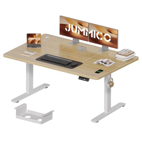 JUMMICO Scrivania Regolabile in Altezza Elettrica 140x70 cm, Scrivania Ergonomica Seduta in Piedi con Vassoio per Cavi e Porta USB, Scrivania per Computer Ufficio, Beige e Bianco