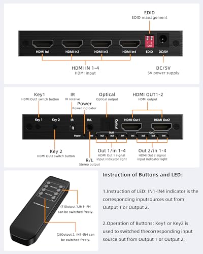 4K60Hz HDMI Matrix Switch Splitter 4 in 2 Out, HDMI Switch with Remote Control, HDMI Switcher Selector 4x2 Support 3D Video, Audio LPCM/Dolby/DTS 5.1, 18Gbps, EDID