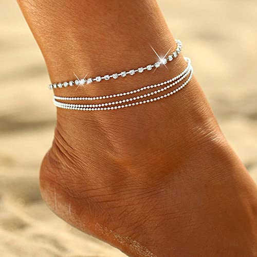 Beriso Silver Ankle Bracelets For Women 14K Gold Plated Summer Beach Layering Rhinestone Cubic Zirconia Crystal Ankle Bracelets For Women Minimalist Anklet For Women Gold Jewelry Gift #TOP2