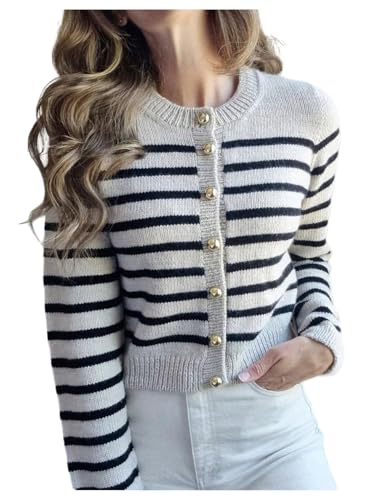 Verdusa Women's Striped Button Down Cardigan Long Sleeve Crew Neck Lightweight Sweaters