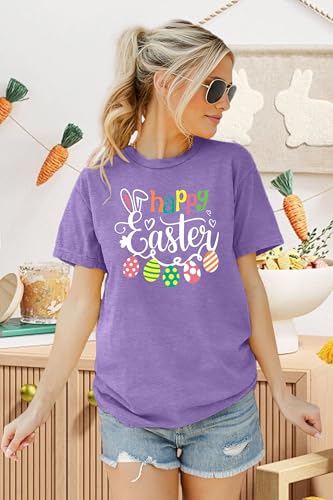 Image of Women Happy Easter T Shirt Bunny Rabbit Graphic T-Shirt Funny Letter Printed Shirts Short Sleeve Tops