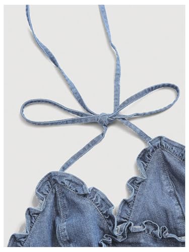 OYOANGLE Women's Lettuce Trim Spaghetti Straps Tie Backless Halter Denim Top Slim Fitted Jean Cami Tops3
