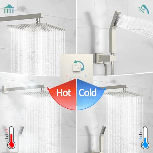 Image of SR SUN RISE Shower Faucet Set Bathroom Square Rain Head with Handheld Spray Wall Mounted Rainfall Fixtures Brushed Nickel Trim Repair Kits (Contain Valve)10 Inches