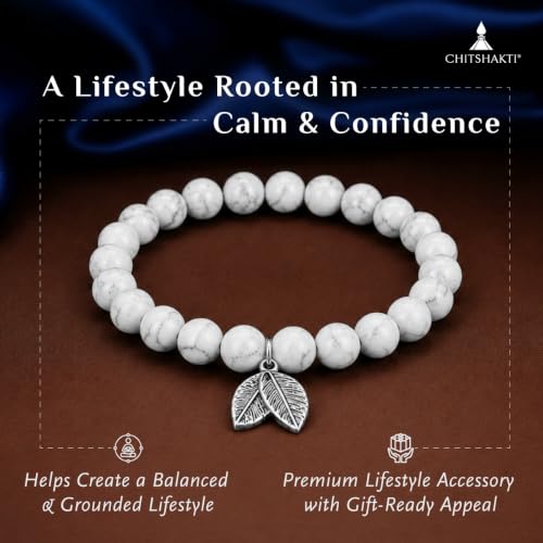 Image of Chitshakti Natural Howlite Bracelet with Charm | 8mm Semi-Precious White Stone Beads | Handmade Stretchable Unisex Crystal Jewelry |