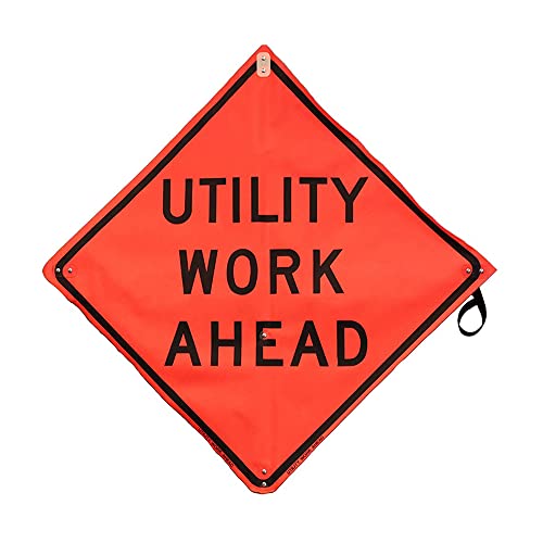 Señal de advertencia enrollable de malla de 91,4 cm. Leyenda: Utility Work Ahead ⭐