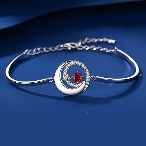 Fancime January Birthstone Bracelets For Women Girls 925 Sterling Silver Moon And Star Bangle Genuine Garnet Charm Bracelet Natural Red Gemstone Fine Jewelry Birthday Anniversary Valentine's Day Gifts For Her, Adjustable Chain 6.7"+1.2" Extend #TOP2