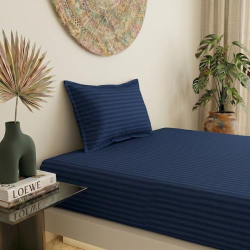Image of Filymore Double Bedsheet for Double Bed | Navy Blue Stripe Bedsheet | 240 TC Soft Microfiber Bed Sheet with 2 Pillow Covers | Striped Bedding Set, Breathable, Wrinkle & Fade Resistant | 90 x 95 Inches