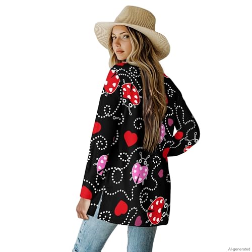 Image of Forchrinse Red Ladybug Cardigan for Women Causal Long Sleeve Open Front Cardigans Sweater Fashion 2024 Fall Coat with Pockets