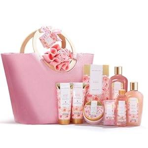 Spa Luxetique Gifts for Women – 10pc Rose Spa Basket, Deluxe Spa Tote Bag Bath Set with Wooden Handle, Bath Salt, Hand Soap, Body Butter, Christmas Gifts for Women