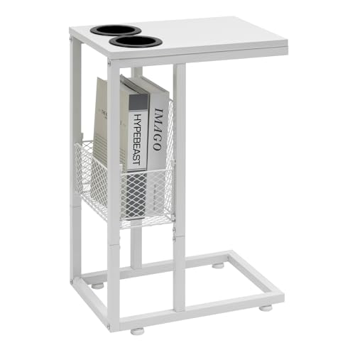 Image of HALLYBEE C Shaped End Table with Cup Holder, Small Slide Under Couch Side Table with Storage Basket Metal Frame for Living Room Bedroom Bedside Sofa White