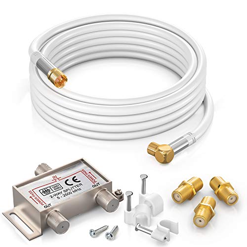 Promo 40% OFF Coaxial Cable RG6 (10 feet, White) Quad Shield Straight Male to 90 Degree Angled Male F-Type Connector with 2 Way Splitter, Couplers, Nail Cable Clips