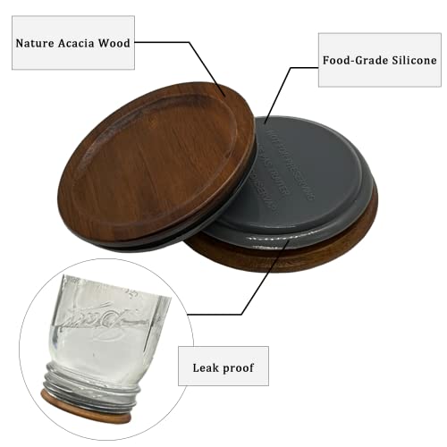 6 Pack Mason Jar Lids Regular Mouth，Acacia Wood Ball Regular Mouth Lids，Reusable Mason Jar Lids With Food Grade Material Silicone Sealing Rings,Jar Wooden Storage Lids, Regular, Brown…（70Mm） #TOP3