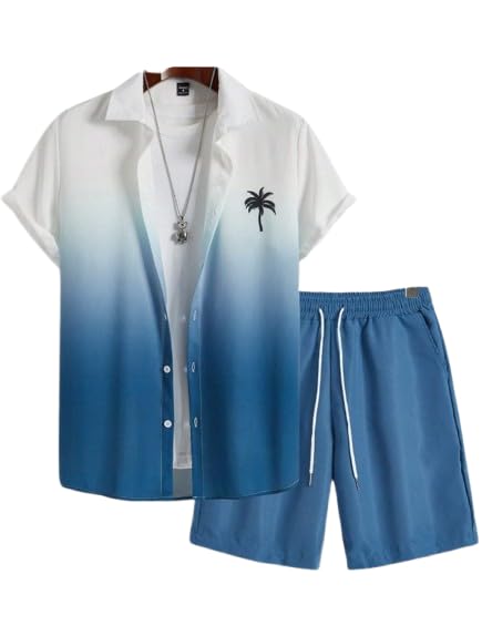 Men’s Printed Co-Ord Set | Plus Size Casual Shirt & Shorts Set | Nightwear Pajama Suit, Loungewear, Beachwear & Vacation Outfit Design No ME_NS Sky 09 SHADDING