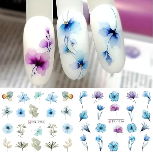 SINSEN 12 Designs Ink Flower Nail Art Stickers Leaves Daisy Lavender Floral Pattern Water Transfer Nail Decals Spring Summer Nail Designs Blossom Flowers Nail Art Decorations for Women Girls - Image 4