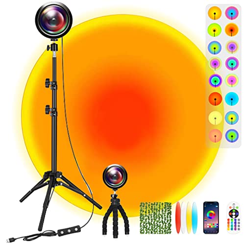 Freefa Best 64 Colors Sunset Lamp with 52" Tripod Stand, Rainbow Sunlight Sunset Projection Lamp W Fake Ivy Leaves, Perfect for Ticktok Bedroom Room Decor Living Roon Table Night Light Sun Light