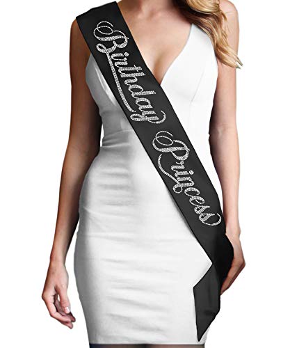 Birthday Princess Rhinestone Birthday Sash - Premium Grade Satin & Real Crystal Rhinestone Birthday Party Supplies & Decorations - Black Sash(BdyPrnc RS) Blk2