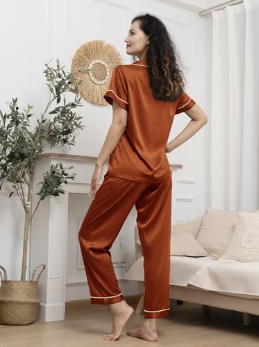 Image of WJing Yi Jia Womens Pajamas Set XS-4XL Floral Silk Satin Pajama Sets Silky Pj Sets 2Pcs Loungewear Sleepwear Button Down Pjs