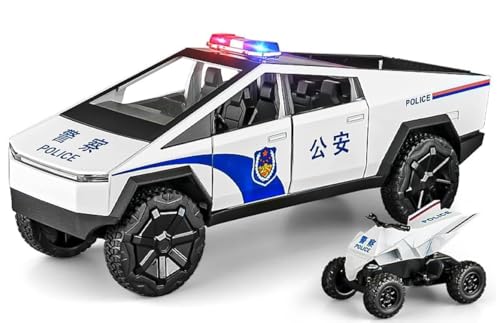 Image of 1:24 Scale Die-Cast CyberTruck Police Model, Free Wheel with 6 Openable Doors, Steerable Tyres, Working Horn & Lights, Police Vehicle Toy for Kids and Collectors (White)