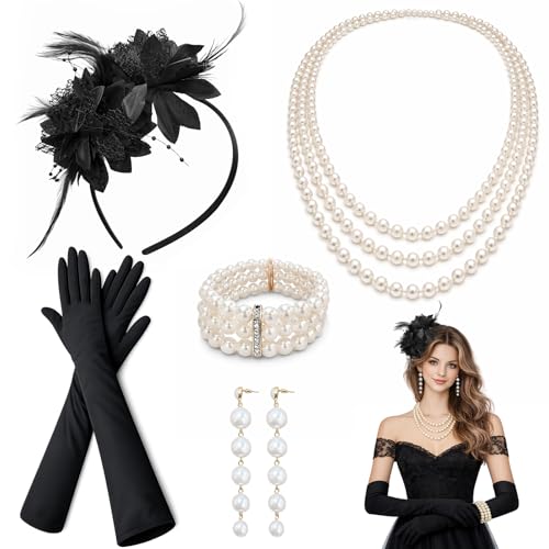 kelav Acessórios anos 20 mulheres, 20 anos com conjunto de acessórios, conjunto de fato Gatsby com diadema luvas colar de pérolas brincos, acessório Charleston para mulher Natal carnaval