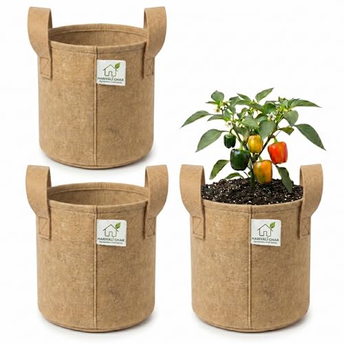 Image of 400 GSM Geo Fabric Round Grow Bags 12x12 Inch with Handle, Camel Color Planting Bags for Terrace and Kitchen Gardening Pack of 3